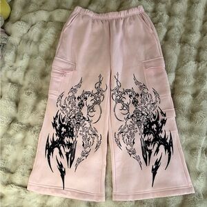 Light Pink Cargo Wide-Leg Pants with Black Graphic Print